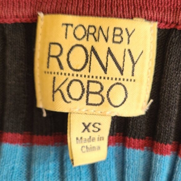 TORN by RONNY KOBO RIBBED KNIT STRIPED SWEATER TOP PEPLUM RUFFLE HEM sz XS - Picture 7 of 8